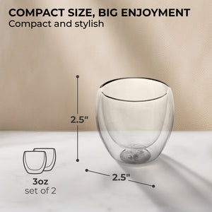 Kaffe Set of (2) 3oz Double-Wall Glass Espresso Cups,Small
